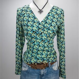 Vintage Y2K Geometric Print Crossover Top - Retro Long Sleeve Blouse - Women's S